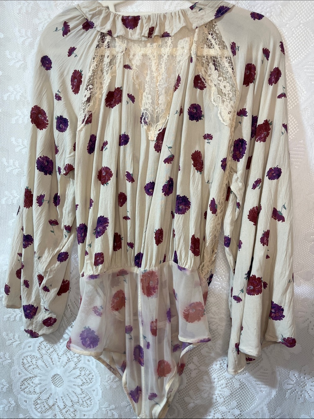 Free People Intimately Floral Ruffled Bodysuit with Ruffles and Lace Trim M - Picture 5 of 8